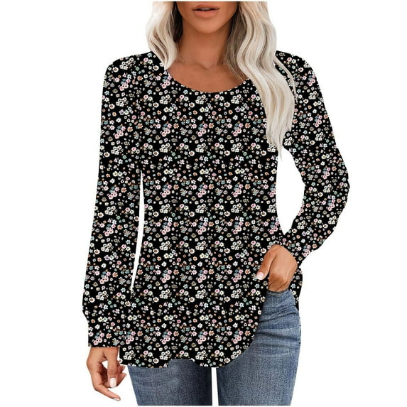 PuLe Women's Top Long Sleeve Shirts for Women Fall Tops Dressy Casual Blouses Pleated Scooped Neck Tunic Tops for Leggings 