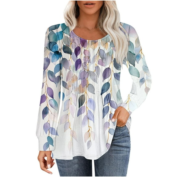 PuLe Women's Top Long Sleeve Shirts for Women Fall Tops Dressy Casual Blouses Pleated Scooped Neck Tunic Tops for Leggings 
