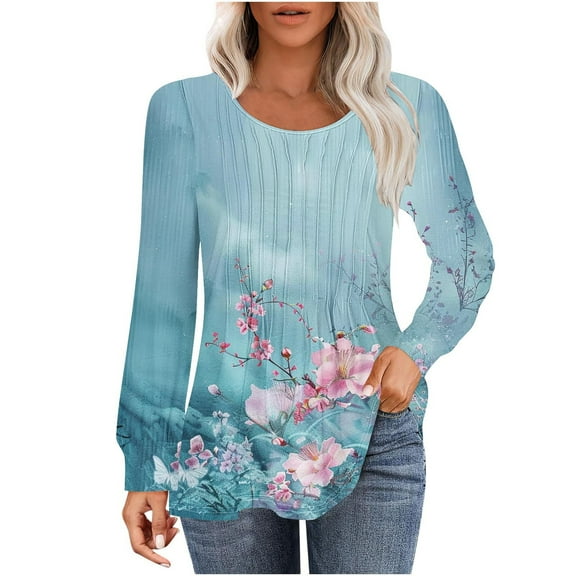 PuLe Women's Top Long Sleeve Shirts for Women Fall Tops Dressy Casual Blouses Pleated Scooped Neck Tunic Tops for Leggings ﻿