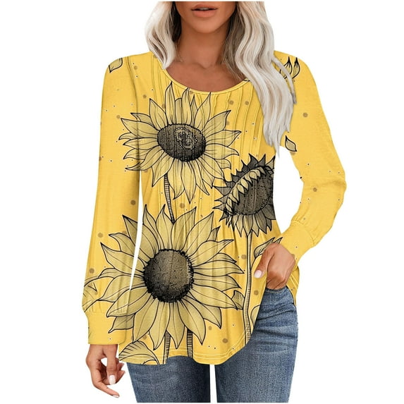 PuLe Women's Top Long Sleeve Shirts for Women Fall Tops Dressy Casual Blouses Pleated Scooped Neck Tunic Tops for Leggings 