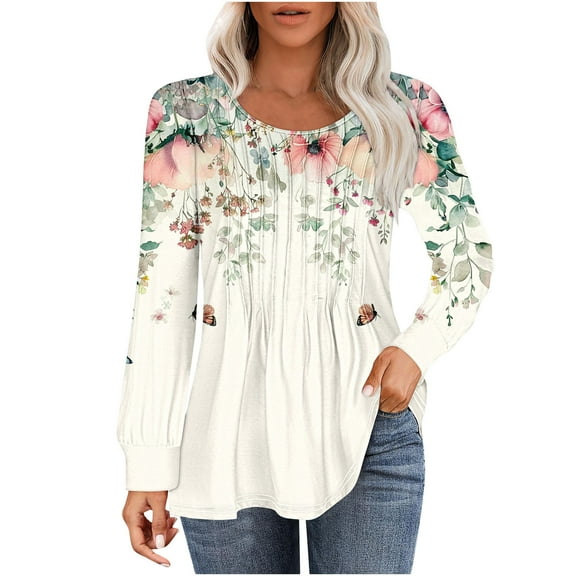 PuLe Women's Top Long Sleeve Shirts for Women Fall Tops Dressy Casual Blouses Pleated Scooped Neck Tunic Tops for Leggings ﻿