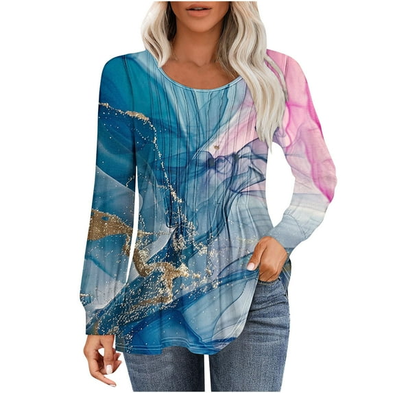 PuLe Women's Top Long Sleeve Shirts for Women Fall Tops Dressy Casual Blouses Pleated Scooped Neck Tunic Tops for Leggings 