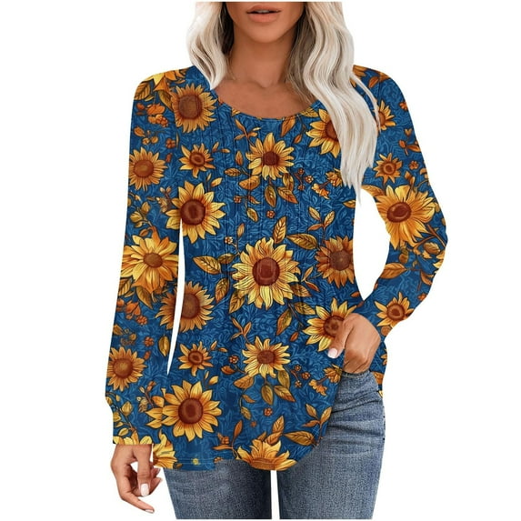 PuLe Women's Top Long Sleeve Shirts for Women Fall Tops Dressy Casual Blouses Pleated Scooped Neck Tunic Tops for Leggings 