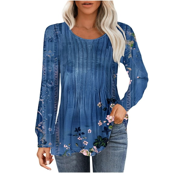 PuLe Women's Top Long Sleeve Shirts for Women Fall Tops Dressy Casual Blouses Pleated Scooped Neck Tunic Tops for Leggings 