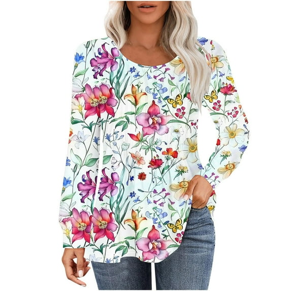 PuLe Women's Top Long Sleeve Shirts for Women Fall Tops Dressy Casual Blouses Pleated Scooped Neck Tunic Tops for Leggings 