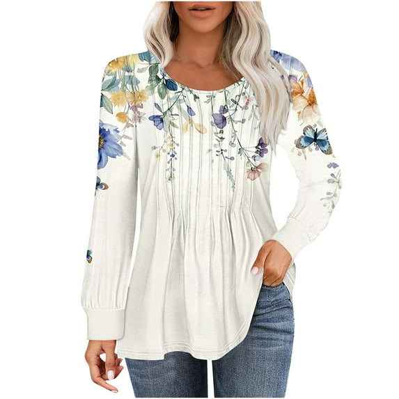 PuLe Women's Top Long Sleeve Shirts for Women Fall Tops Dressy Casual Blouses Pleated Scooped Neck Tunic Tops for Leggings 