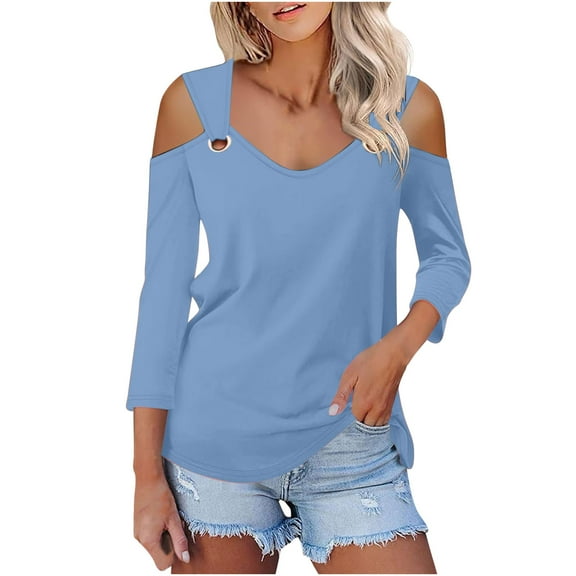 PuLe Women's Top Women's 3/4 Sleeves V Neck Shirts Summer Cold Shoulder Tops Casual Ladies Basic Blouses 