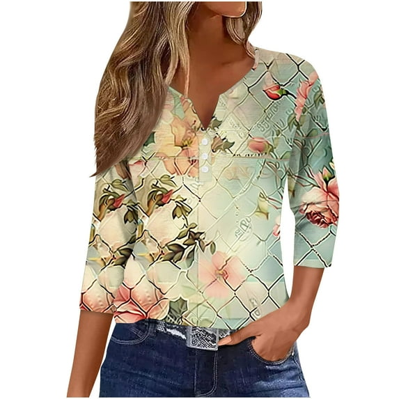 PuLe Women's Top Women's Casual 3/4 Sleeve T-Shirts Trendy 2024 Floral Gradient Graphic Blouses Casual V Neck Tops Work Tees Blouses