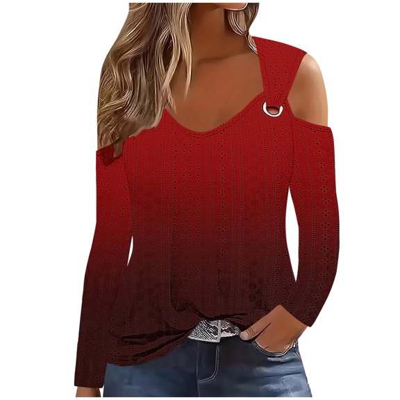 PuLe Women's Top Women's Cold Shoulder Tops Long Sleeve V Neck Shirts Hollow Out Tee Shirts Slim Fit Tunic Tops for Fall Winter
