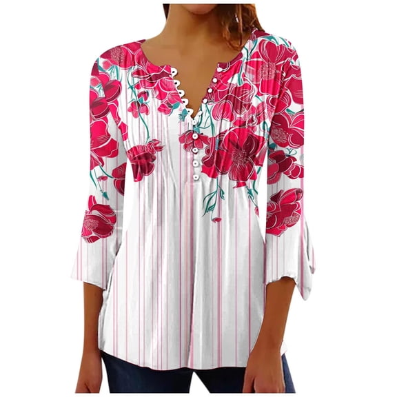 PuLe Women's Top Womens Bell Sleeve Tunic Tops Vintange Print Button Vneck Tshirts Pleated 3/4 Sleeves Tees Flowy Casual Tunics Blouse