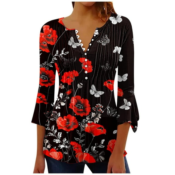 PuLe Women's Top Womens Bell Sleeve Tunic Tops Vintange Print Button Vneck Tshirts Pleated 3/4 Sleeves Tees Flowy Casual Tunics Blouse