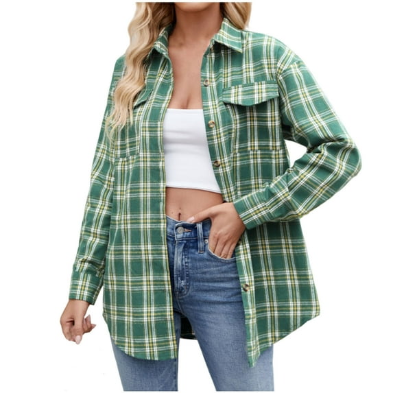 PuLe Long Sleeve Tops for Women Trendy Womens Flannel Plaid Shirts Oversized Button Down Shirts Blouse Tops 