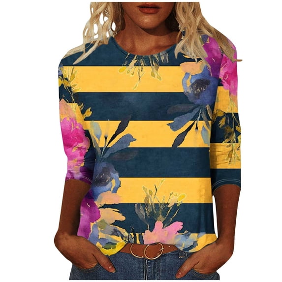PuLe Women's Top Womens Tops 3/4 Sleeve Crewneck Cute Shirts Casual Print Trendy Tops Three Guarter Length T Shirt Summer Pullover
