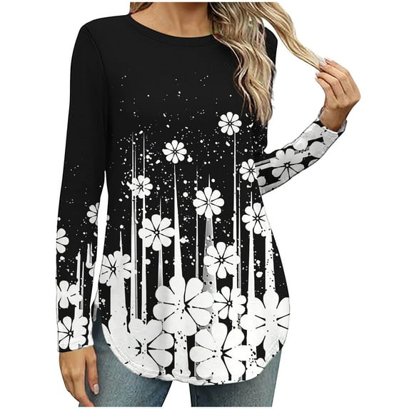 PuLe Women's Top Womens Tunic Tops Shirts Dressy Casual Fall Long Sleeve Pullover Cute Floral Print Lose Fit Blouses Crew Neck T-Shirt