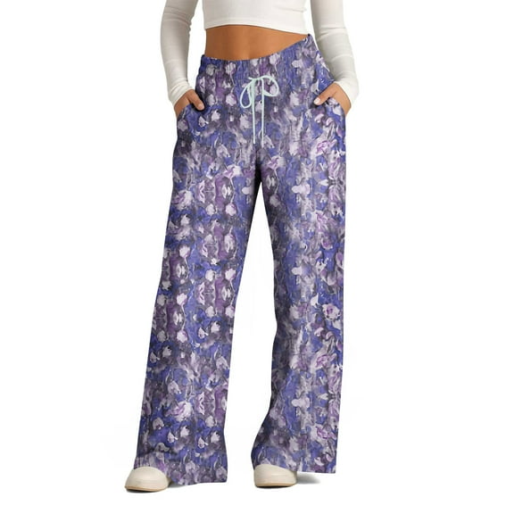 PuLe Women's Wide Leg Pants Drawstring Printed Pants Trendy Lightweight Casual Pants Loose Straight Leg Pants with Pockets