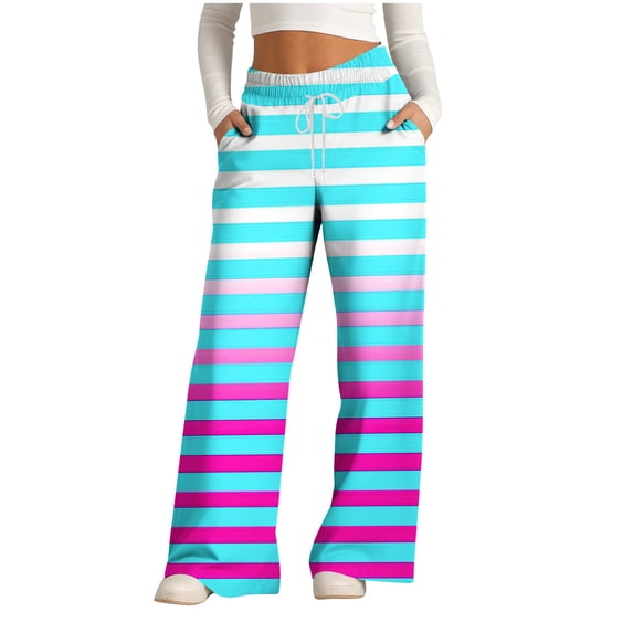 PuLe Women's Wide Leg Pants Drawstring Printed Pants Trendy Lightweight Casual Pants Loose Straight Leg Pants with Pockets