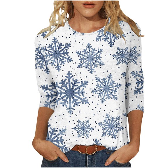 PuLe Womens Christmas Tops Dressy Casual Tunic Shirts for Women Party 3/4 Sleeve Stretch Crew Neck T-Shirt Snowflake Loose Fit Trendy Plus Size Tops