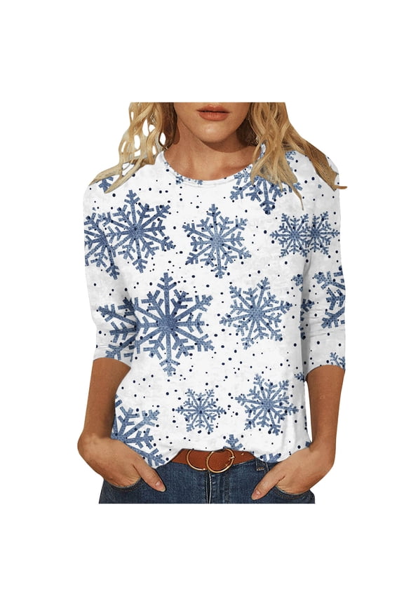PuLe Womens Christmas Tops Dressy Casual Tunic Shirts for Women Party 3/4 Sleeve Stretch Crew Neck T-Shirt Snowflake Loose Fit Trendy Plus Size Tops