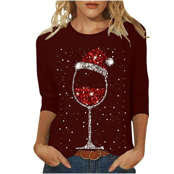 PuLe Womens Christmas Tops Dressy Casual Tunic Shirts for Women Party 3/4 Sleeve Stretch Crew Neck T-Shirt Snowflake Loose Fit Trendy Plus Size Tops