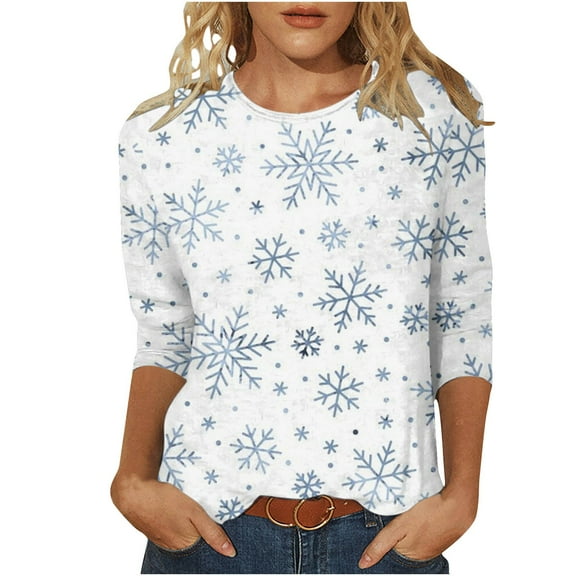 PuLe Womens Christmas Tops Dressy Casual Tunic Shirts for Women Party 3/4 Sleeve Stretch Crew Neck T-Shirt Snowflake Loose Fit Trendy Plus Size Tops