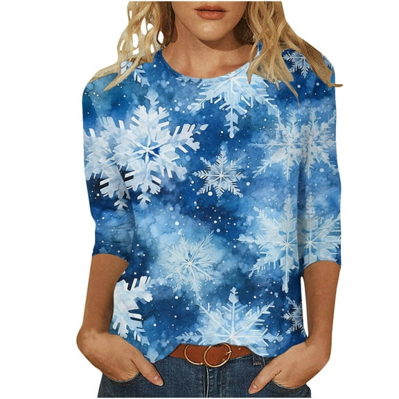 PuLe Womens Christmas Tops Dressy Casual Tunic Shirts for Women Party 3/4 Sleeve Stretch Crew Neck T-Shirt Snowflake Loose Fit Trendy Plus Size Tops
