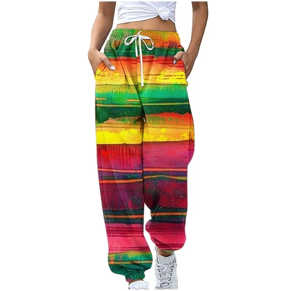 PuLe Womens Drawstring Cinch Bottom Butterfly Print Sports Color Block Casual Sporty Workout Trousers Sweatpants Comfy