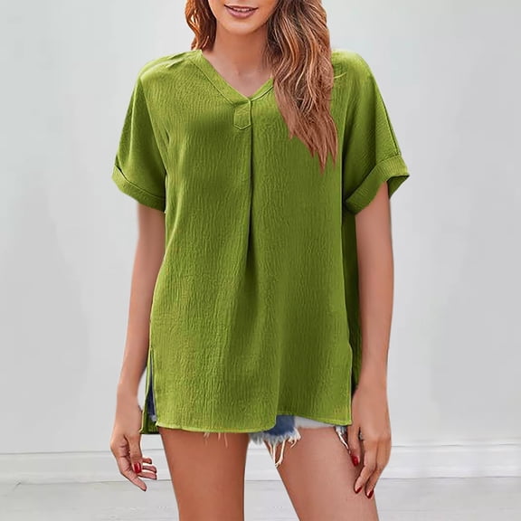 Pohista Cute Tops for Women Going out V Neck T Shirts for Women Graphic Womens Blouses Dressy Casual Linen Cotton Blouses for Women Short Sleeve My Items