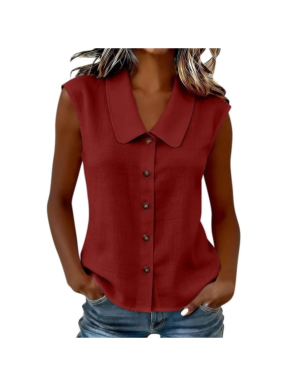 Summer Cotton Linen Tank Tops,Womens Cotton Linen Tank Tops Sleeveless Collared Shirts Summer Solid Color Buttons Casual Loose Fit Blouses