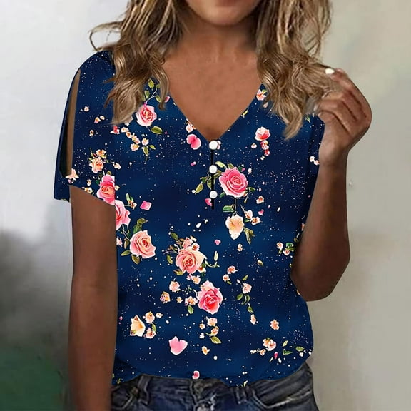 Pohista Women's Summer Tops Boho T Shirts for Women V Neck Womens Blouses Button up Womens Short Sleeve Shirts for Summer my saved for later items