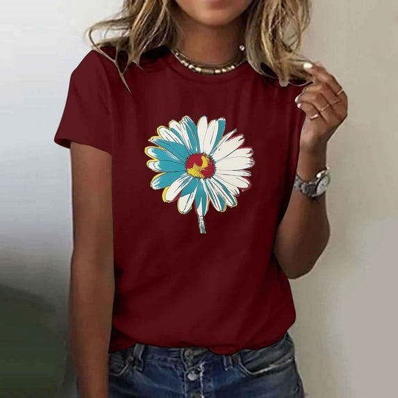 Summer Short Sleeve Tops for Women Floral Graphic T-Shirt Casual Round Neck Tshirts Fashion Tops Blouses Tees Shirts