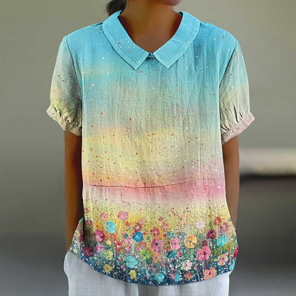 Womens Tops Casual Summer Hawaiian Shirts for Women Long Summer Blouses Ribbed Short Sleeve Tops for Women Loose Fit get it fast