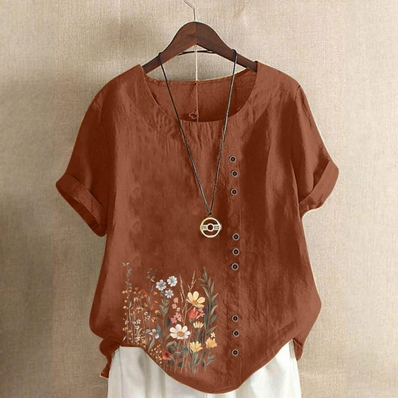 Pohista Womens Tops for Leggings Linen Shirts for Women Summer Loose Women Blouses for Seniors Short Sleeve Shirts for Women Flowy reorders