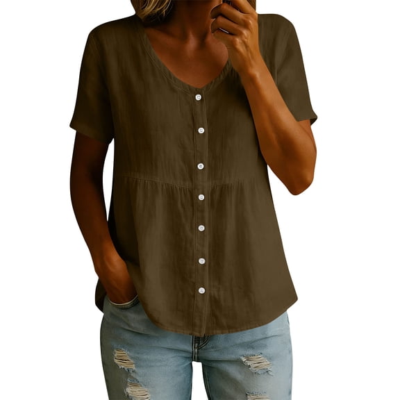 Cotton Linen Tops for Women,Linen Tops for Women Short Sleeve Button Down Blouses Loose Fit V Neck Tops Casual Lightweight T-Shirt Summer