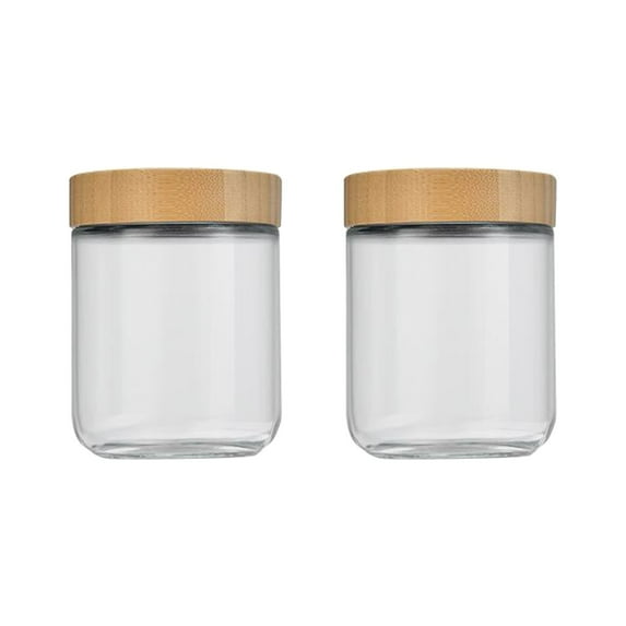 PuSpu 11.5x8.5 cm Clear Borosilicate Glass Storage Jar Set of 2, Airtight Acacia Wood Lid, 500 ml Multi-Size Kitchen Canister for Tea Coffee Oats Yogurt Dried Fruit, Pantry Organization