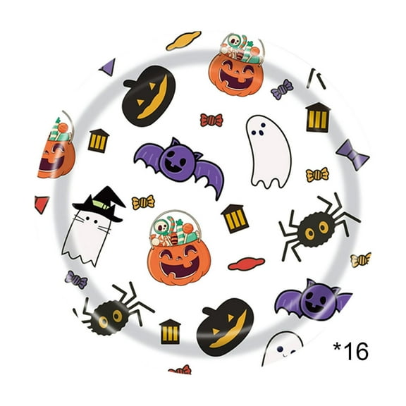 PuSpu 16pc 7.09in Halloween Printed Paper Plates - Disposable Party Decor with Festive Patterns for Catering, School & Coffee Shop Events