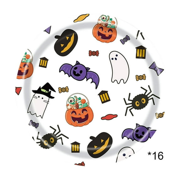 PuSpu 16pc 7.09in Halloween Printed Paper Plates - Disposable Party Decor with Festive Patterns for Catering, School & Coffee Shop Events