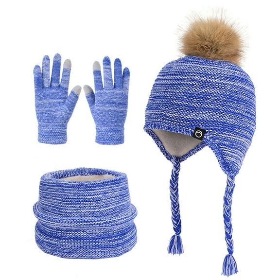 PuSpu 4-10 Years Old Boys And Girls Winter Outdoor Plus Velvet Warm Girls and Boys's Ear Protection Knitted Wool Hat Neck Glove Three-piece Set