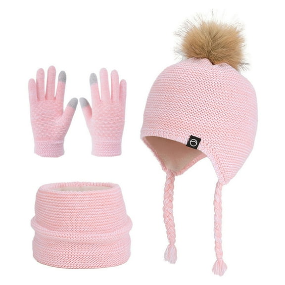 PuSpu 4-10 Years Old Boys And Girls Winter Outdoor Plus Velvet Warm Girls and Boys's Ear Protection Knitted Wool Hat Neck Glove Three-piece Set