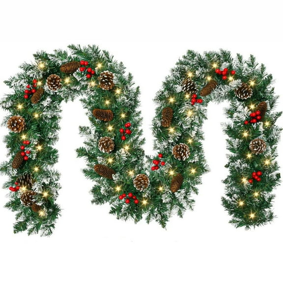 PuSpu 9FT/270cm Multicolor Cedar Garland with 50 LED Lights, Faux Pinecones & Red Berries, Lifelike Christmas Rattan Decor for Fireplace Staircase Entryway