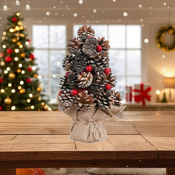 PuSpu Christmas Celebration Supplies Christmas Tree Desktop Decorations Christmas Mini Real Pinecone Red Fruit Tree Tower Festive Atmospheres Ornament Christmas Indoor/Outdoor Decoration