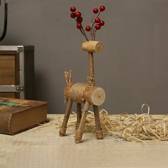 PuSpu Christmas Celebration Supplies Handcrafted Wooden Couple's Mini Reindeer Desktop Decorative Animals Figurine Gift Christmas Indoor/Outdoor Decoration