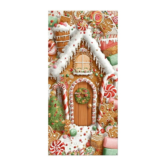 PuSpu Christmas Door Cover 35.4x70.8 Inch 1PC Multicolor Polyester Gingerbread House Print Door Curtain Wall Hanging Festival Party Decoration Holiday Atmosphere Enhancer