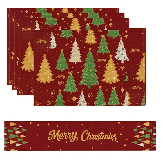 PuSpu Christmas Table Decor Set 5Pcs Multicolor Polyester 18x12 Placemats Runner Snowflake Santa Holiday Dining Home Party Heat-Resistant Washable Linen-Look Festive Tableware Decorations
