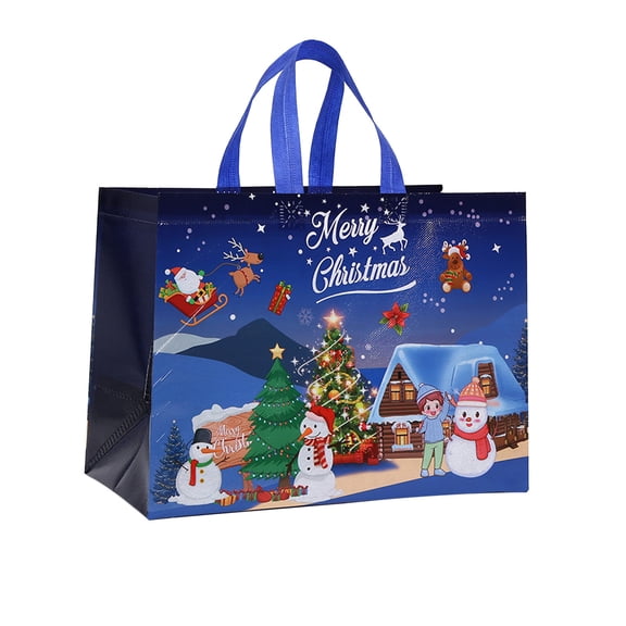 PuSpu Christmas Tote Bag Waterproof Foldable Non Woven Fabric Blue 33x25x17cm 12pcs Holiday Shopping Bag Reusable Storage Bag Festival Season Use