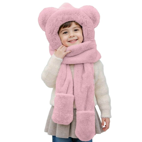 PuSpu Girls and Boys's Hats Winter Adding Fleece Warmth Scarves And Gloves Integrated Keep Warm Three-piece Set