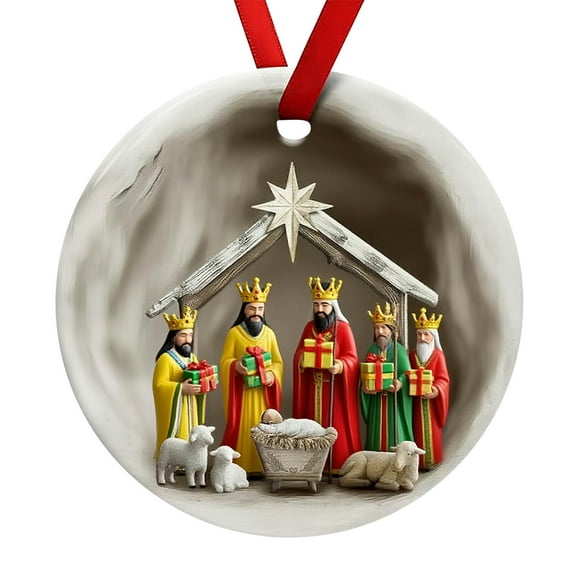 PuSpu Home Decor Christmas Round Acrylic Hanging 8cm Nativity Scene Hanging Ornaments Transparent Colored Acrylic Holiday Decorations Christmas Tree Door And Window Pendants Holiday Products