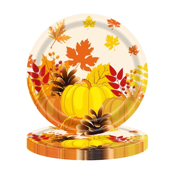 PuSpu Home Decor Thanksgiving Paper Plates Festive Fall Pumpkin And Maple Leaves Pattern Disposable Tableware For Fall Harvests Party Household Products