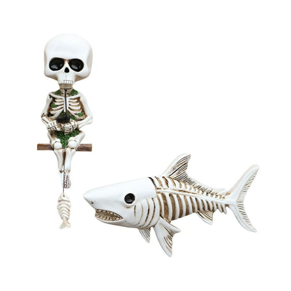 PuSpu Home Decoration Halloween Resin Skeleton Fishing Set Home Wall Decoration Fish Tank Aquascape Decoration Home Ornaments
