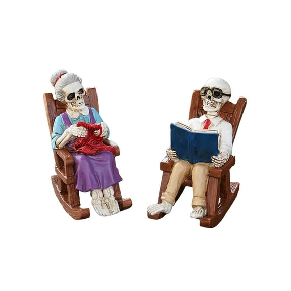 PuSpu Home Decoration Skeleton Statue Set - Elderly Couple Sitting In A Rocking Chair Reading A Book Suitable For Living Room Halloween Bookshelf Unique Skeleton Statue Gift Home Ornaments