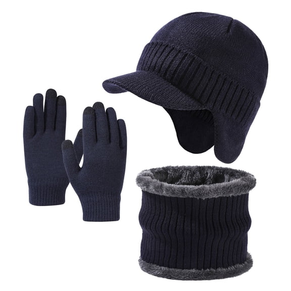 PuSpu Men's Thick Warm Knitted Hat Scarf Gloves Three Piece Set Outdoor Commuting With Fleece And Warm Touch Screen Gloves